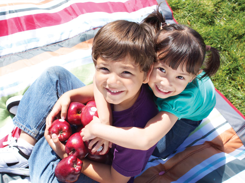 A young boy and girl outside on a blanket holding apples.